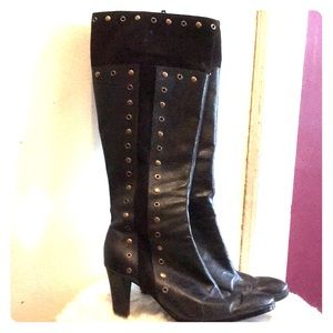 Black leather, suede & grommet high heeled boots